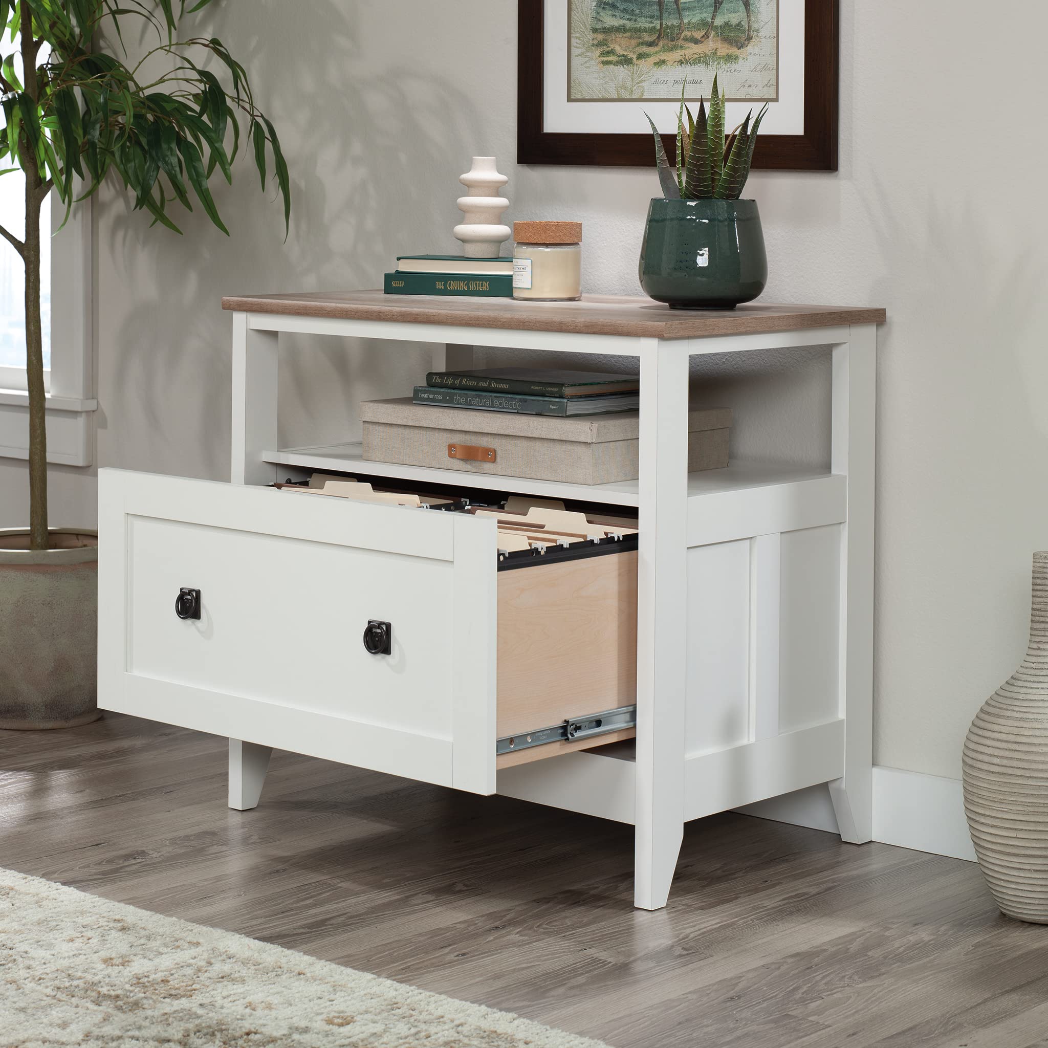 Sauder August Hill File Cabinet 1-Drawer with Open Shelf, Legal Size Filing Cabinet - Soft White Finish - Image 4