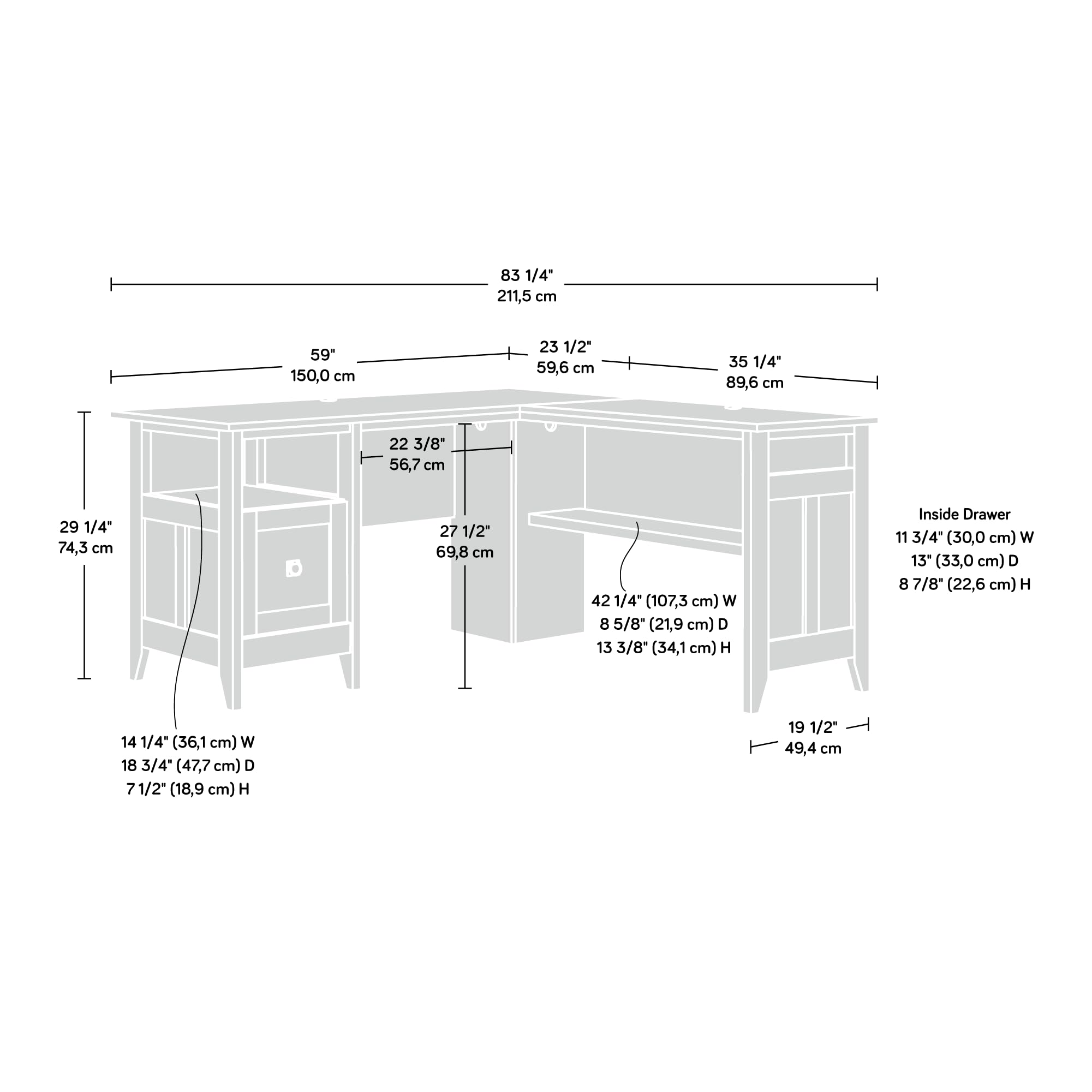 Sauder August Hill L-Shaped Home Office Desk, Farmhouse Corner Desk with File Drawer, Cable Management, Mystic Oak Finish - Image 3
