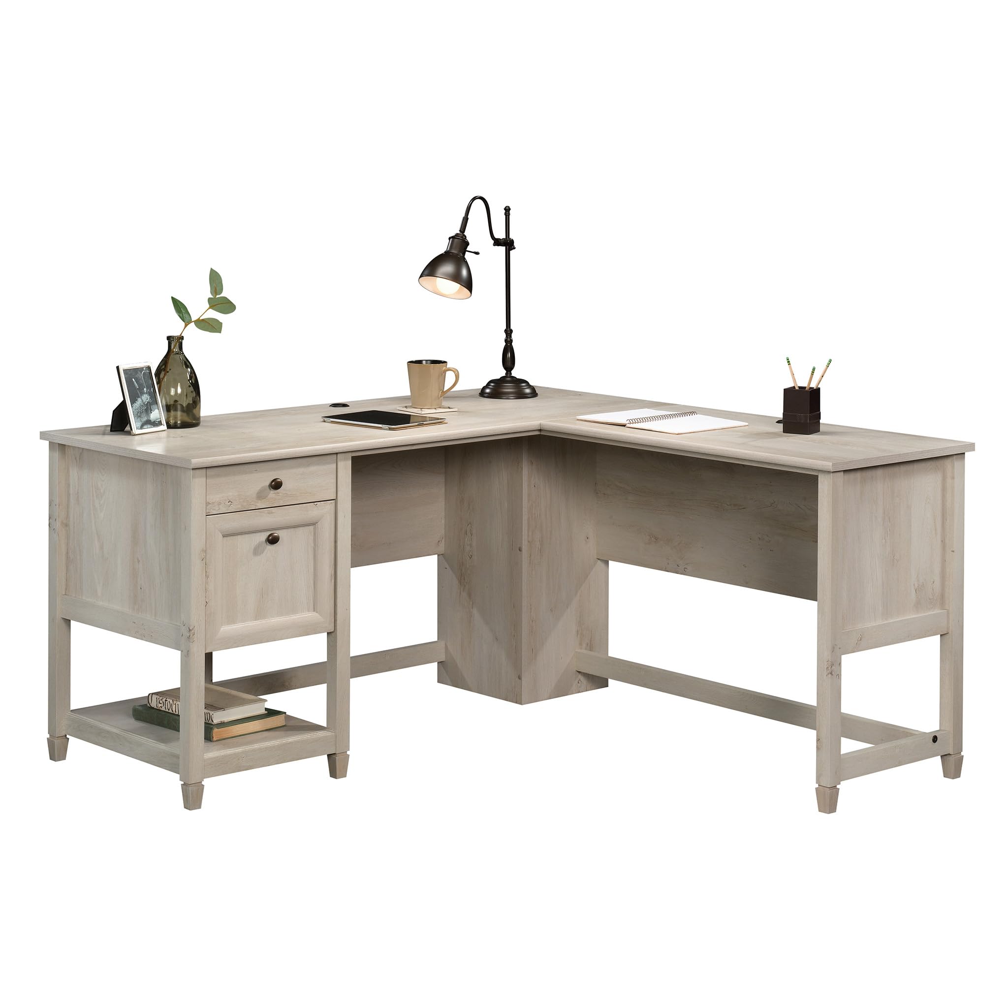 Sauder Edge Water L-Shaped Corner Desk with Storage Drawers and Open Shelf, in Chalked Chestnut - Image 4