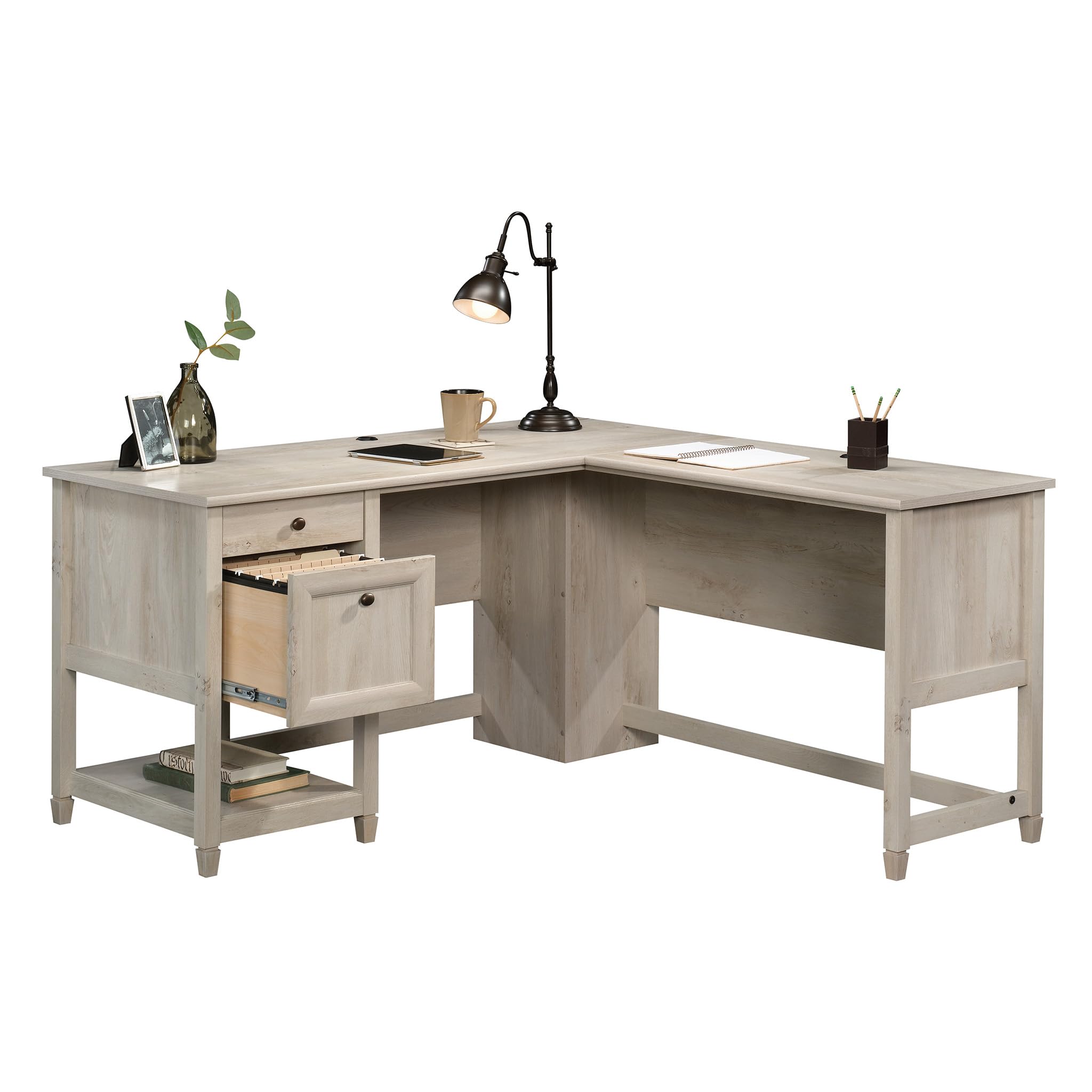Sauder Edge Water L-Shaped Corner Desk with Storage Drawers and Open Shelf, in Chalked Chestnut - Image 5