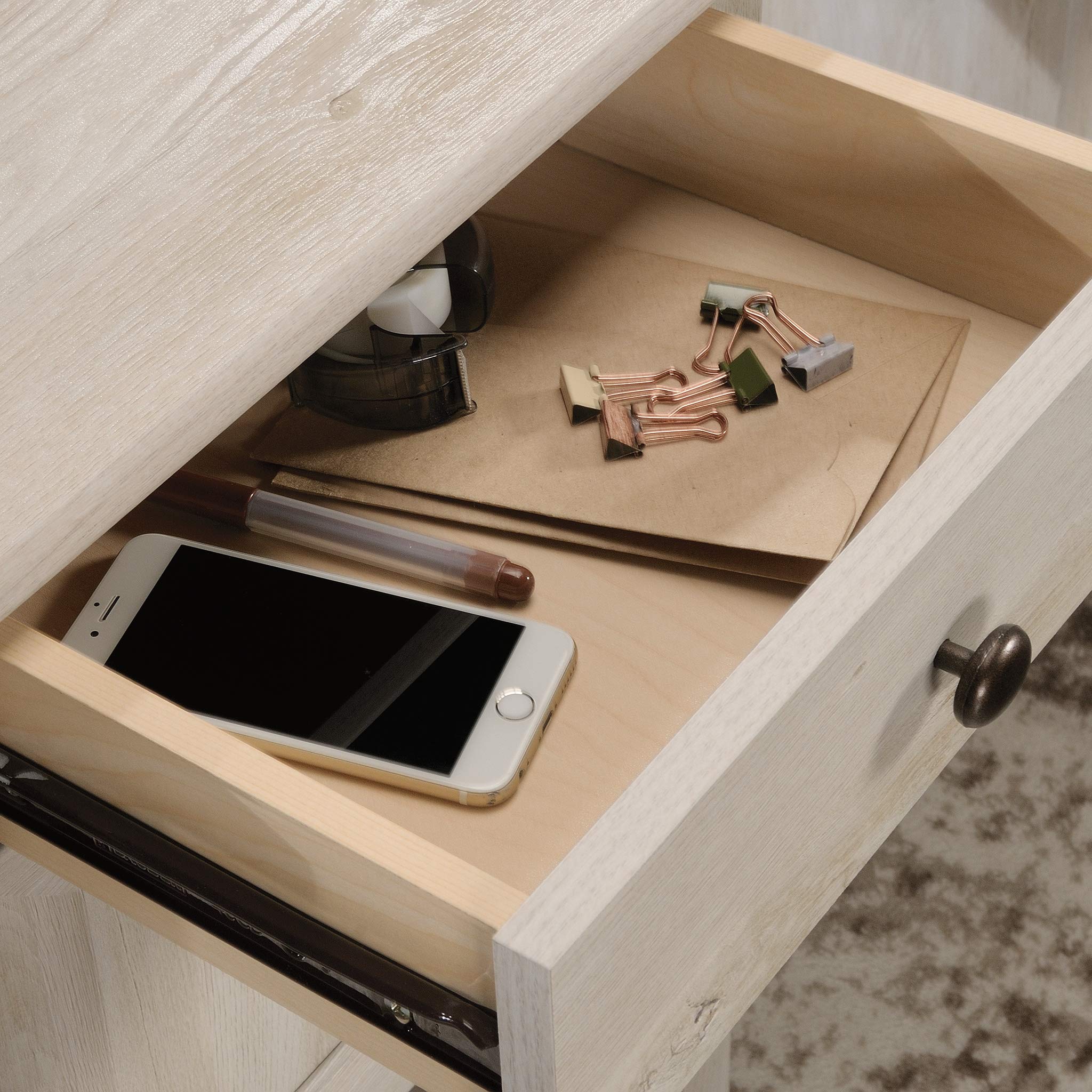 Sauder Edge Water L-Shaped Corner Desk with Storage Drawers and Open Shelf, in Chalked Chestnut - Image 6