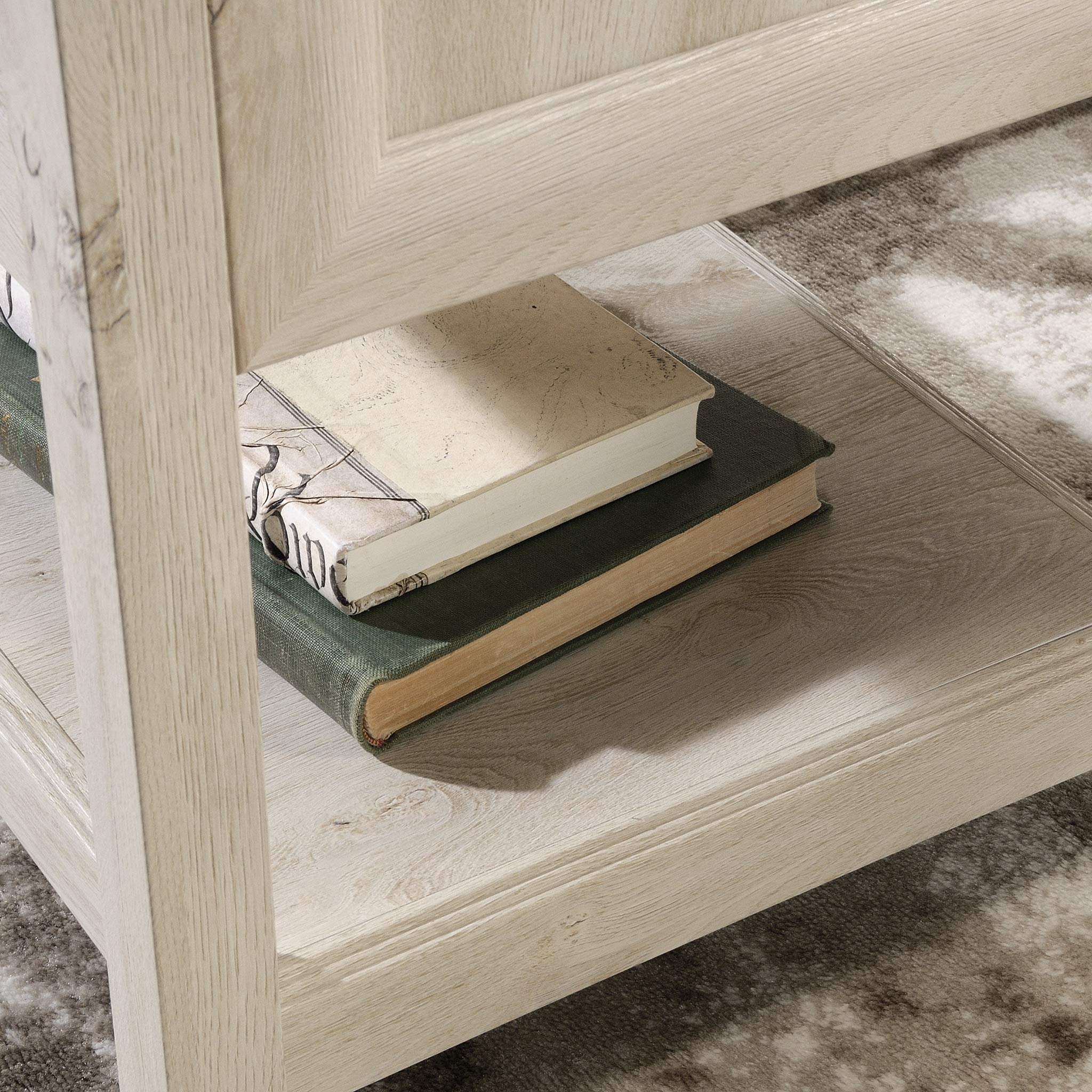 Sauder Edge Water L-Shaped Corner Desk with Storage Drawers and Open Shelf, in Chalked Chestnut - Image 7