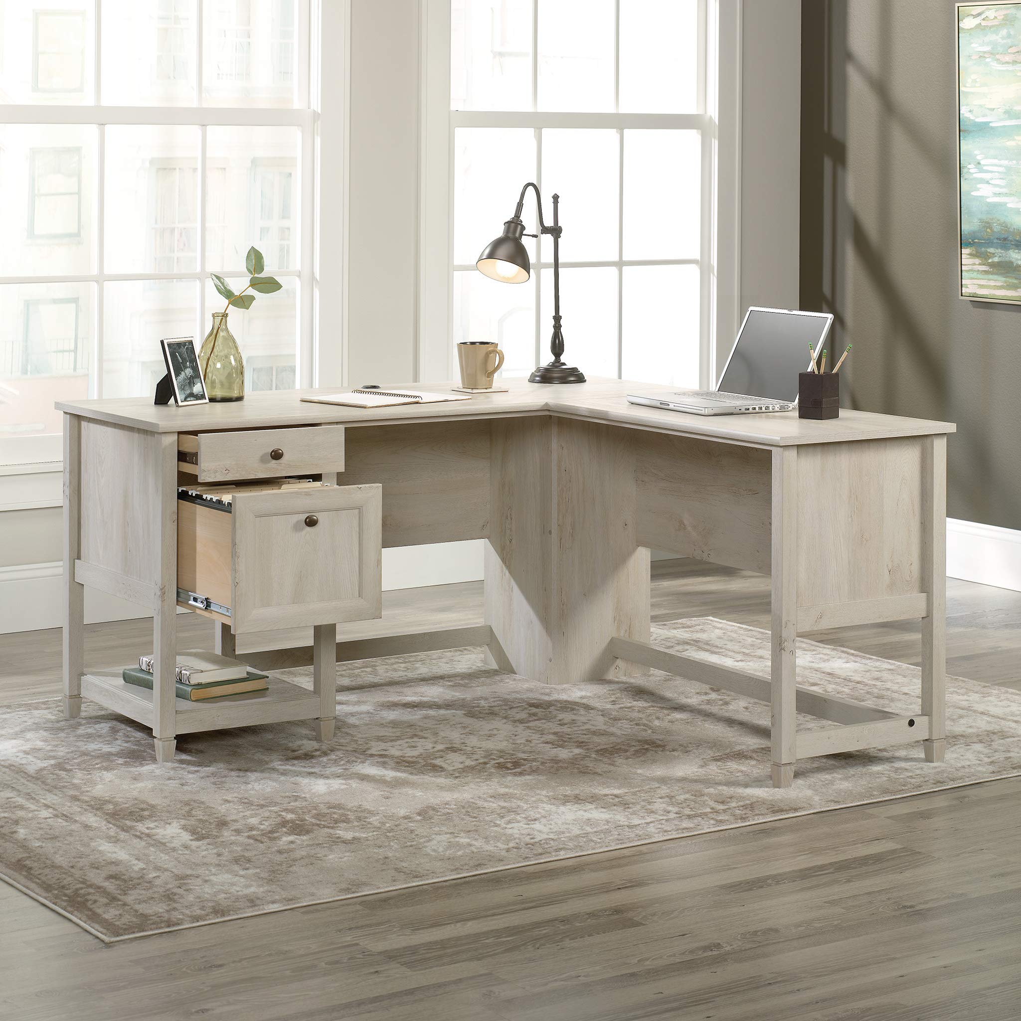 Sauder Edge Water L-Shaped Corner Desk with Storage Drawers and Open Shelf, in Chalked Chestnut - Image 8