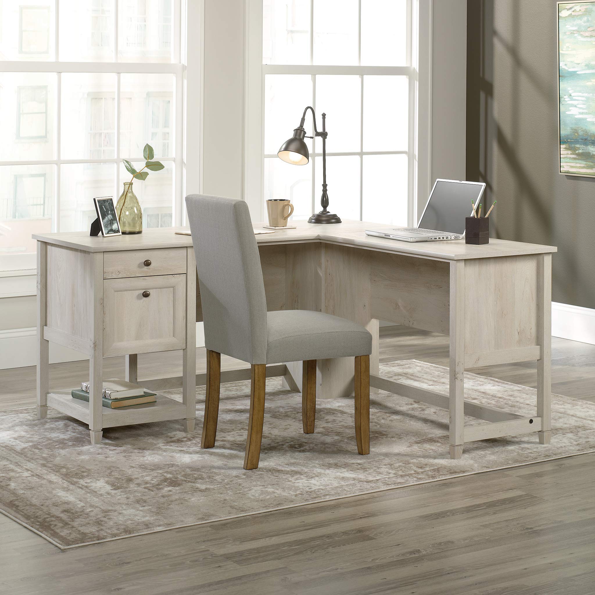 Sauder Edge Water L-Shaped Corner Desk with Storage Drawers and Open Shelf, in Chalked Chestnut - Image 9
