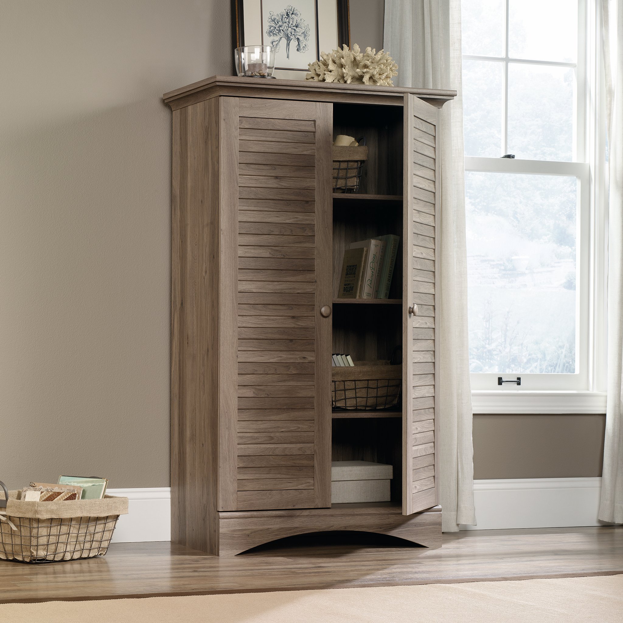 Sauder Harbor View Storage Cabinet/ Pantry Cabinet, Salt Oak finish - Image 4
