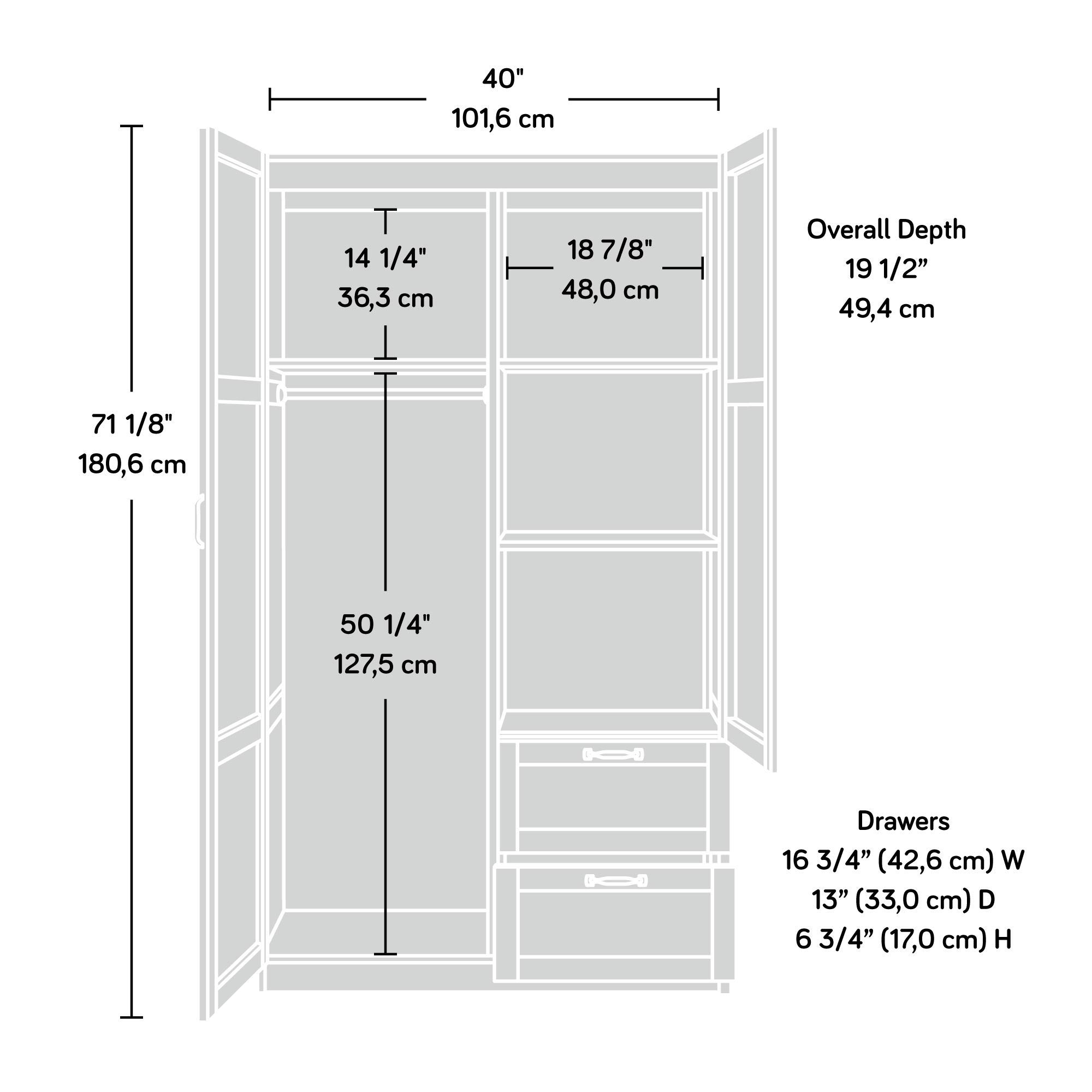 Sauder Select Multipurpose Bedroom Armoire Wardrobe Closet Pantry Storage Cabinet with Storage Drawers and Hanging Rail, in Soft White finish - Image 3