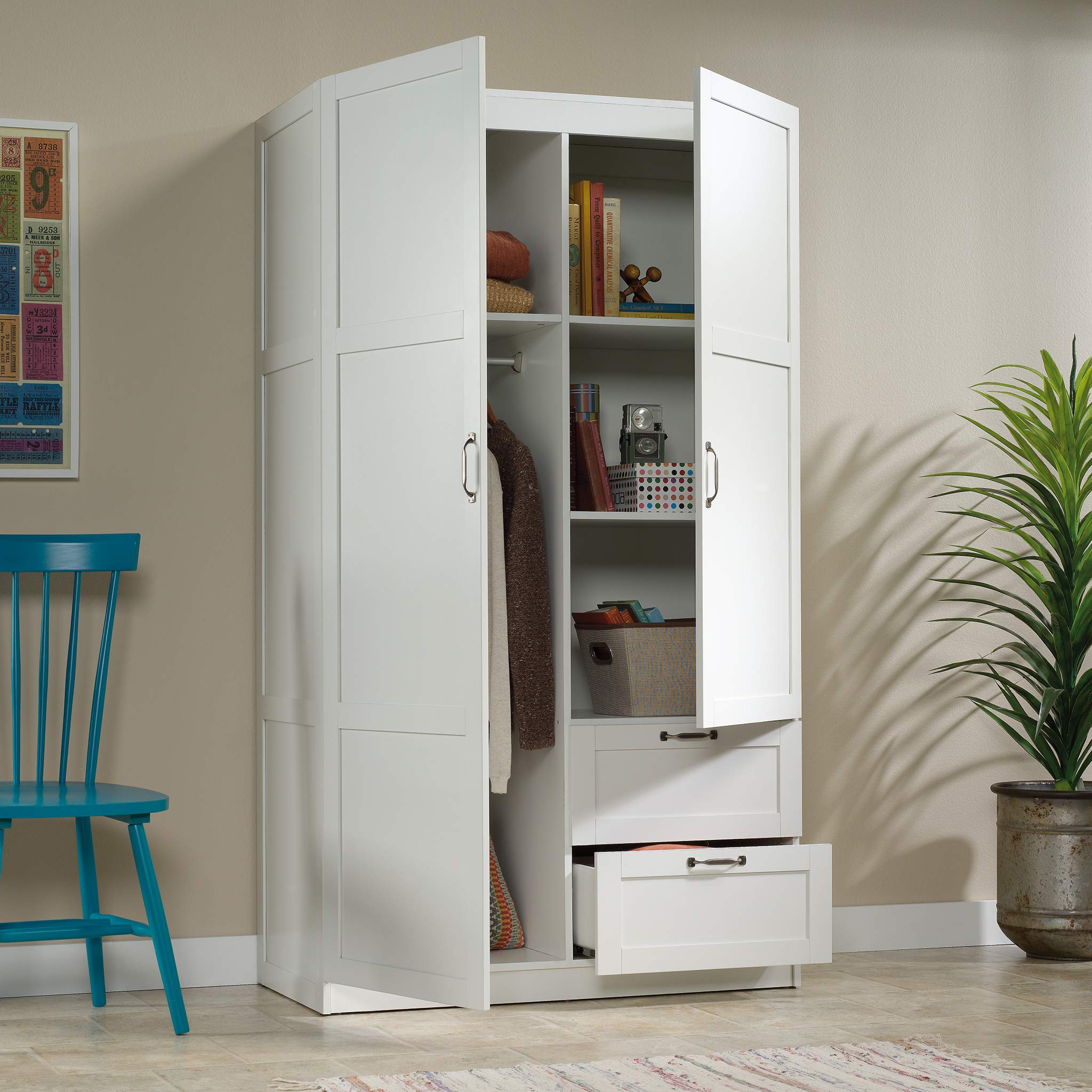 Sauder Select Multipurpose Bedroom Armoire Wardrobe Closet Pantry Storage Cabinet with Storage Drawers and Hanging Rail, in Soft White finish - Image 4